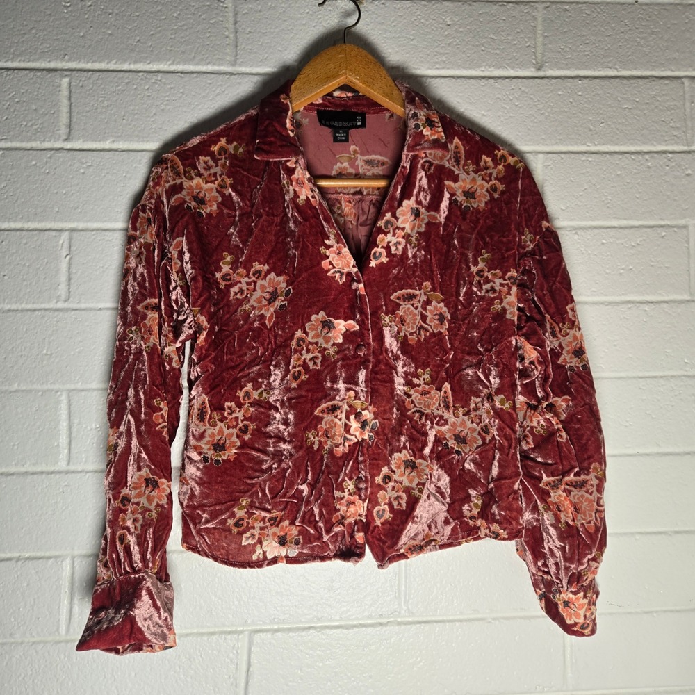 Broadway 38 Womens Blouse Burnout Velvet XL Ruffle Front Long Sleeve Boho Floral